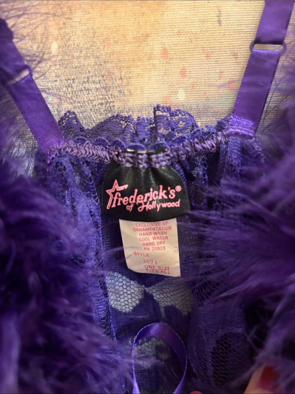 Frederick's of Hollywood Purple Lace Babydoll with Feather Trim - Picture 3 of 6